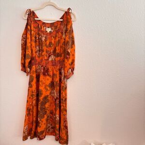 ANTHROPOLOGIE Moulinette Soeurs Fall Orange Floral Cold Shoulder SILK Dress 6P